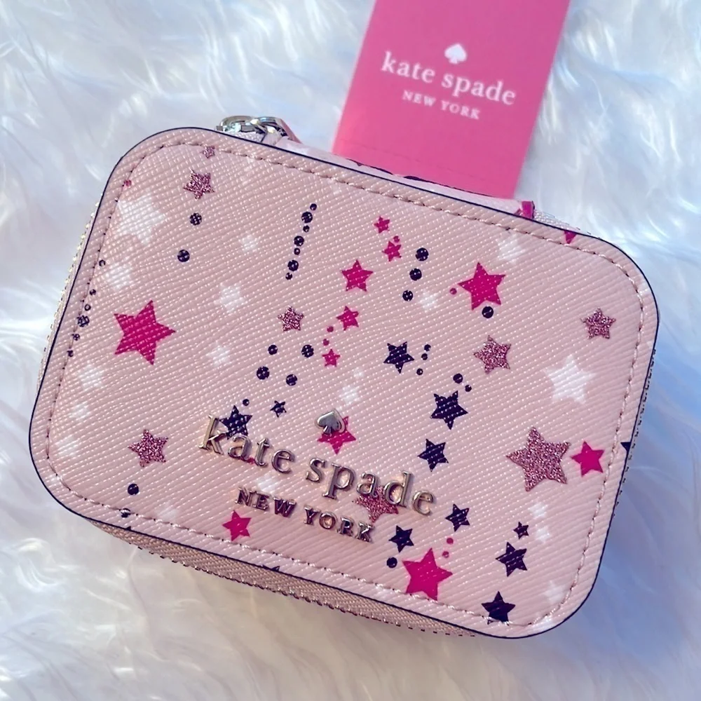 Brand New Kate Spade Genuine Leather Pink Stars Zippered Travel Jewelry Box